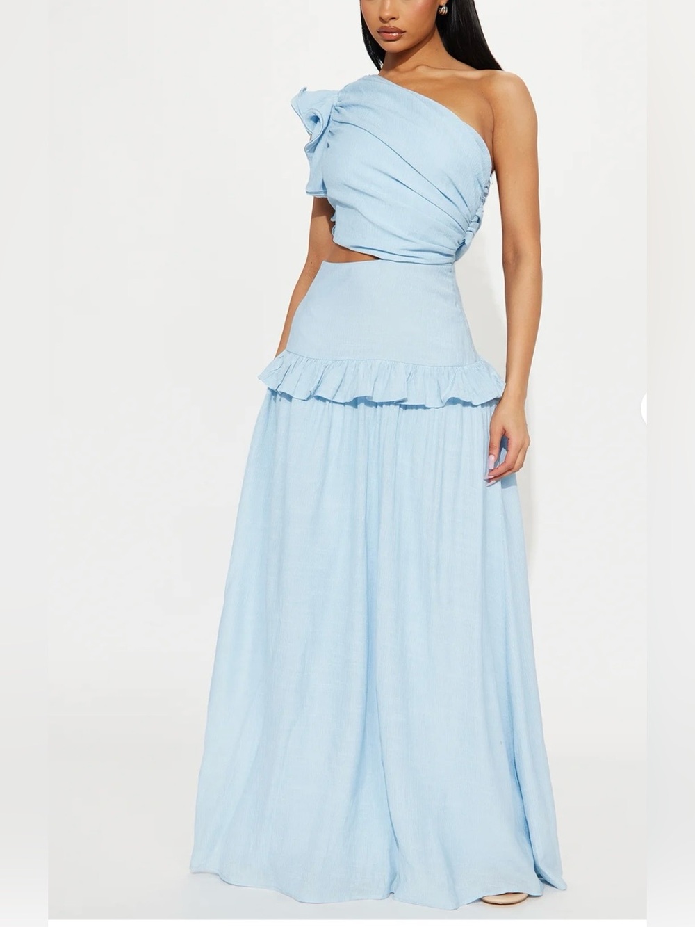 Light Blue Ruffle One Shoulder Maxi Dress
